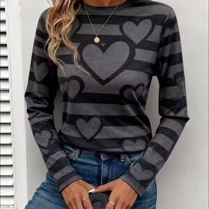 Chic Heart Patterned Long Sleeve Top in Black and Gray